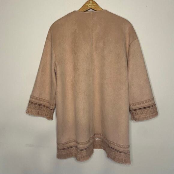 Zara Faux Suede Blush Pink Open Sweater Jacket Western Boho Fringe Size Small - Picture 11 of 16